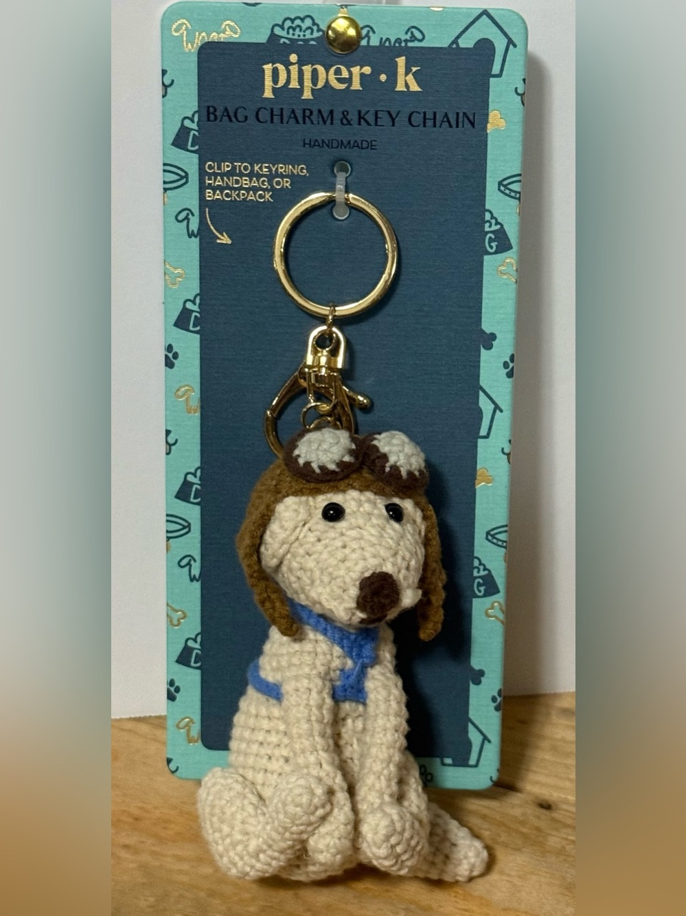 Piper K Cream & Brown Labrador Puppy W/Aviator Hat Keychain Bag Charm Gold Clip
